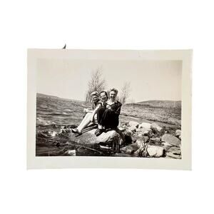 Vtg Beautiful Ladies on Rocks in Lake Orig Monochrome Photography Found Snapshot